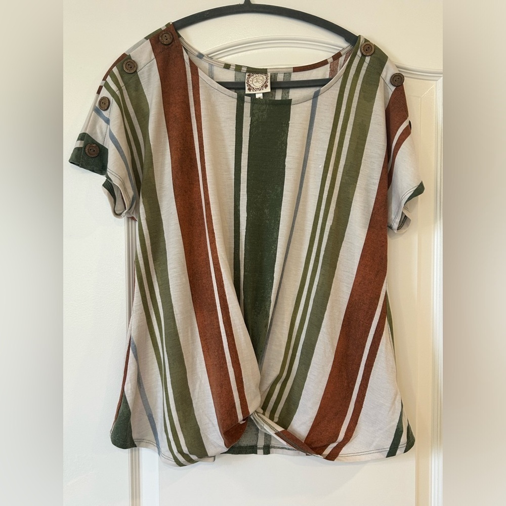 EUC TruSelf Women's Striped Twist-Front Top With Button Detail on Shoulders